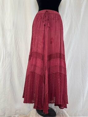 Raindrops Boho Maxi Skirt S Burgundy Bohemian Cottagecore Gauze Flowy Festival